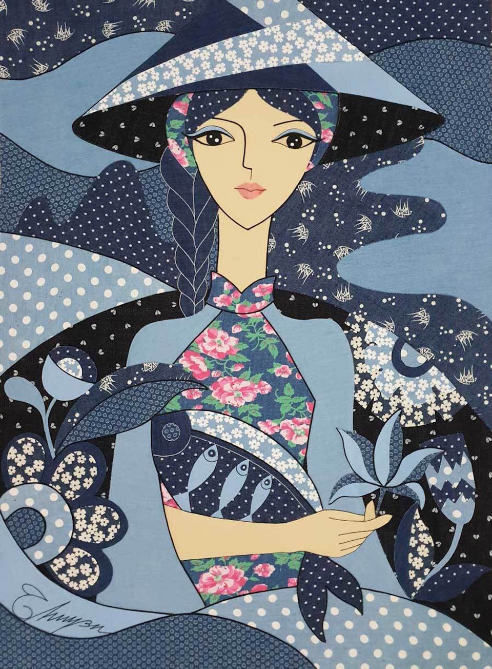 Từ những mảnh vải nhỏ, thuộc nhiều chất liệu khác nhau (lụa, kaki, dạ…), Thu Huyền đã khéo léo sử dụng kim và sợi để 'hô biến,' ghép thành những bức tranh. (Ảnh: BTC)