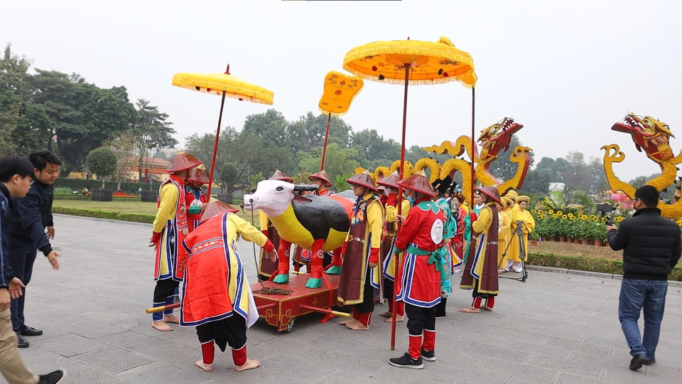 ''Tiến xuân ngưu'' là nghi lễ triều đình có từ thời Lê Trung Hưng nhằm xua đuổi giá lạnh năm cũ, chào đón mùa Xuân năm mới ấm no, đủ đầy. Sự kiện do Trung tâm Bảo tồn di sản văn hóa Hoàng Thành Thăng Long phối hợp Công ty cổ phần Ỷ Vân Hiên tổ chức và thực hiện. (Ảnh: PV/Vietnam+)