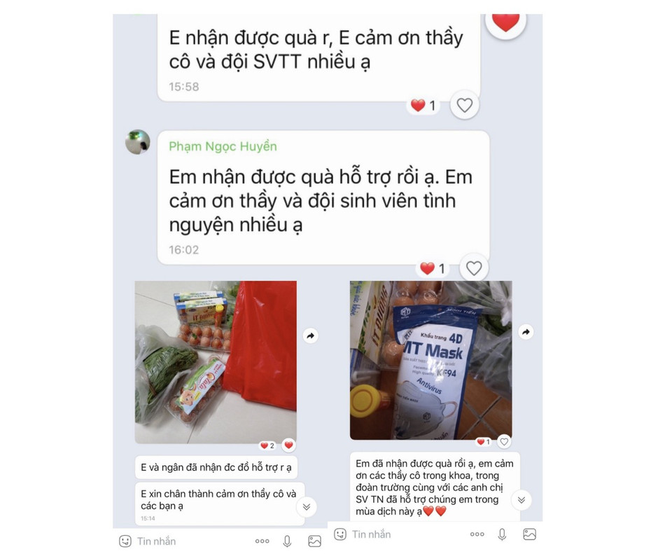 Các hội nhóm của trường, từng khoa, từng lớp được thành lập để kịp thời hỗ trợ các F0. Sinh viên rất xúc động khi nhận được sự quan tâm, chăm sóc chu đáo từ nhà trường trong dịch bệnh. (Ảnh: NTTCC)