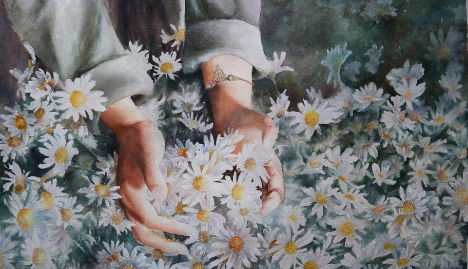 Tác phẩm 'Hẹn ước mùa Đông' (màu nước trên giấy) của Trần Thị Thanh Nhàn. (Ảnh: Nguyễn Lý Bằng/Vietnam+)