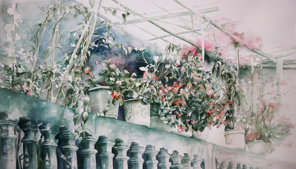 Ấn tượng 'Đông' của Tuyền Nguyễn. Từ cuối năm 2018, Câu lạc bộ Mỹ thuật Bụi đã kết hợp với Trung tâm Phúc Tuệ để xây dựng chương trình rèn luyện khả năng sáng tạo và phát triển tư duy thông qua hội hoạ cho các bạn nhỏ có hoàn cảnh khó khăn tại trung tâm (Ảnh: Nguyễn Lý Bằng/Vietnam+)