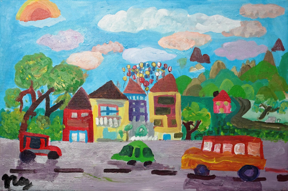 Điểm nhấn của 'Những ô cửa chênh vênh' việc giới thiệu tác phẩm của những em nhỏ có hoàn cảnh khó khăn đến từ Trung tâm Phúc Tuệ (Hà Nội). 'Con đường em yêu' (acrylic) của Mai Đức Nguyên là một trong những tác phẩm tiêu biểu tại triển lãm lần này. (Ảnh: Nguyễn Lý Bằng/Vietnam+)