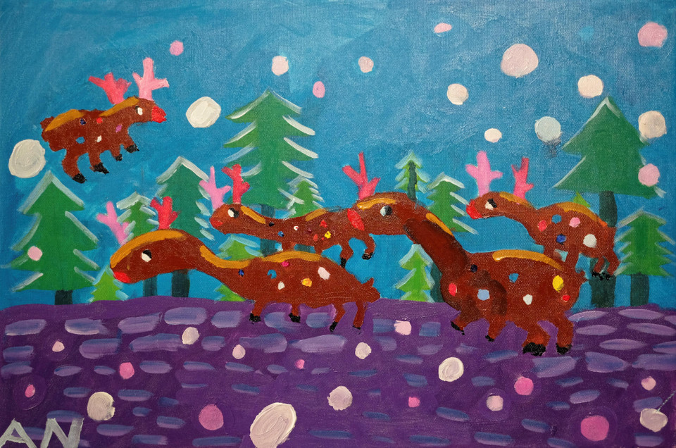 'Đoàn rước Giáng sinh' trong tưởng tượng của Bảo An. Triển lãm do Câu lạc bộ Mỹ thuật Bụi tổ chức. (Ảnh: Nguyễn Lý Bằng/Vietnam+)