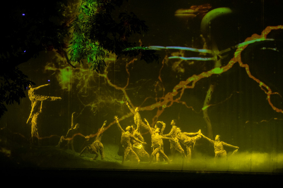 Những màn vũ đạo ấn tượng góp phần tạo thành một sợi dây xuyên suốt, kết nối ba phần của chương trình: Đất - Khởi nguyên sự sống, Hoa nở - Nụ cười của thiên nhiên, Em bé - Mầm xanh của hy vọng. (Ảnh: CTV/Vietnam+)