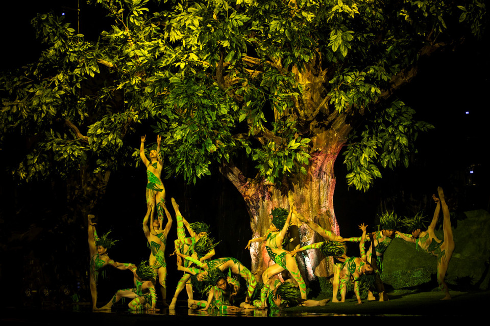 Hình ảnh cây cổ thụ, không gian xanh nhiều tầng lớp là điểm nhấn trong bài trí sân khấu. (Ảnh: CTV/Vietnam+)