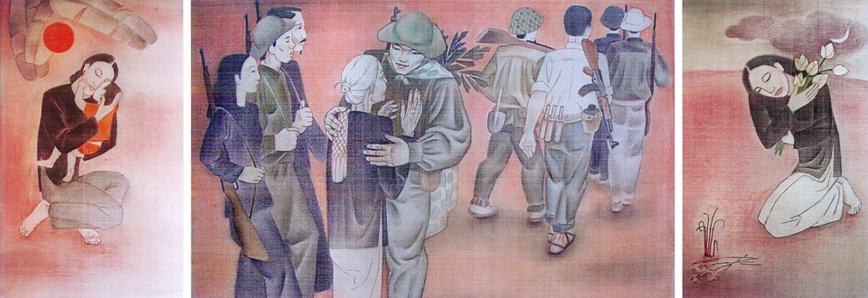 'Tổ quốc gọi' (tranh lụa) của Lê Thị Kim Bạch mang đến cho người xem nhiều cảm xúc lắng sâu. (Ảnh: BTC)