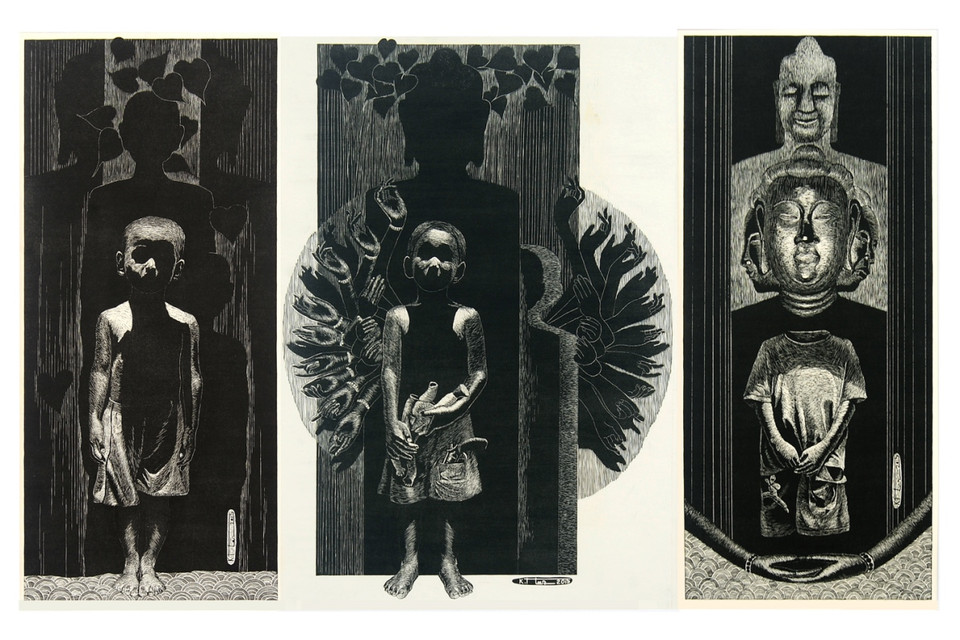 Tranh khắc gỗ 'A di đà Phật' của Nguyễn Khắc Hân. Tác phẩm đã được trao huy chương Vàng tại lễ khai mạc 'Triển lãm Mỹ thuật Việt Nam' diễn ra tối 9/12. Đây là sự kiện do Cục Mỹ thuật, Nhiếp ảnh và Triển lãm (Bộ Văn hóa, Thể thao và Du lịch) tổ chức định kỳ 5 năm một lần nhằm tổng kết lại một chặng đường phát triển của mỹ thuật Việt Nam. (Ảnh: BTC)