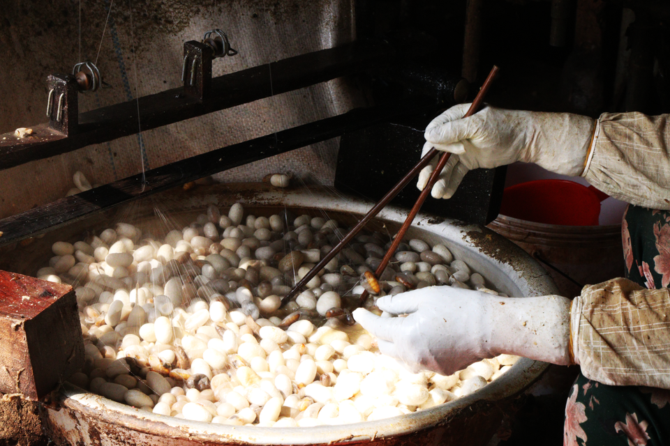 Trong nồi nước sôi bốc hơi nghi ngút, kén tằm thi nhau nhảy, những sợi tơ từ từ­ len lỏi vào lỗ nhỏ và cuốn vào guồng quay tít. Các bà, các chị thoăn thoắt khỏa nước, cho kén thêm vào nồi để sợi tơ không bị đứt đoạn. (Ảnh: Bích Hà/Vietnam+)