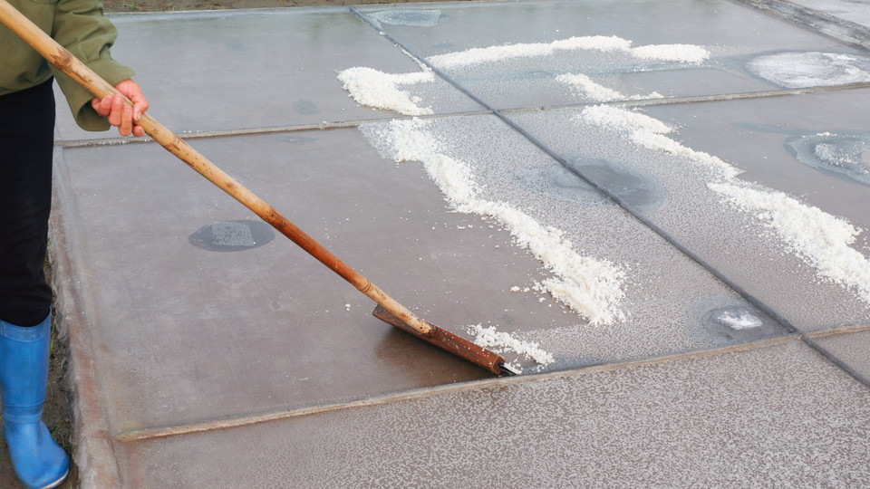 Ông Phạm Văn Quang, Phó Chủ tịch Ủy ban nhân dân xã Bạch Long cho biết: “Để gỡ một phần khó khăn cho diêm dân, hỗ trợ họ duy trì nghề muối, xã đã cho quy hoạch lại vùng sản xuất muối. Những vùng sản xuất kém hiệu quả được đầu tư cơ sở hạ tầng, chuyển đổi sang đất trồng hoa màu, chăn nuôi gia súc và nuôi trồng thủy sản. Địa phương cũng đề ra chỉ tiêu sản xuất 10 nghìn tấn muối/năm và hỗ trợ đưa muối về cơ sở sản xuất muối sạch. Hiện toàn xã có hơn 30 đại lý và 4 công ty thu mua, chế biến muối.”(Ảnh: Thu Minh/Vietnam+)