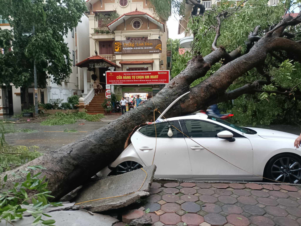 Ôtô bị đè nát, hiện các thiệt hại về người (nếu có) và của đang được xác minh. (Ảnh: Phạm Mai/Vietnam+)