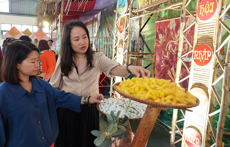 Không gian sự kiện tái hiện toàn bộ quá trình nuôi tằm, dệt lụa. (Ảnh: Minh Thu/Vietnam+)