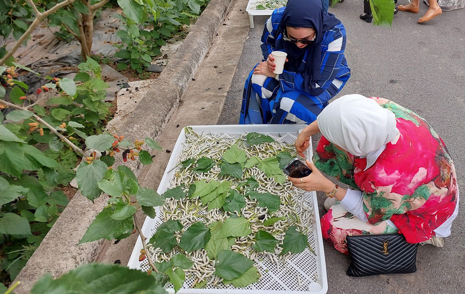 Các đại biểu đều được biết đến tà áo dài Việt Nam, do đó họ đều háo hức tìm hiểu quá trình làm nên vải lụa may áo dài. (Ảnh: Minh Thu/Vietnam+)