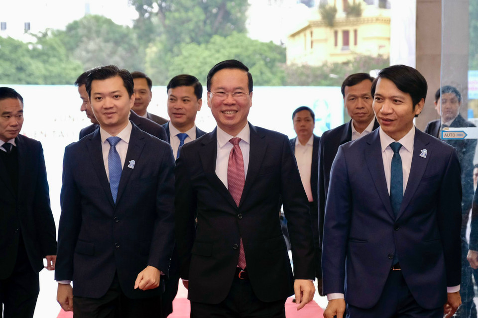 Đại hội vinh dự đón đồng chí Võ Văn Thưởng, Ủy viên Bộ Chính trị, Chủ tịch nước Cộng hòa xã hội chủ nghĩa Việt Nam tham dự. (Ảnh: PV/Vietnam+)