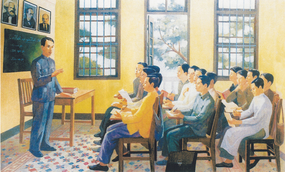 Từ 1925-1927, tại nhà số 13, đường Văn Minh (Quảng Châu, Trung Quốc), Lãnh tụ Nguyễn Ái Quốc đã mở các lớp huấn luyện chính trị, đào tạo cán bộ cho cách mạng Việt Nam. Tranh trưng bày tại triển lãm. (Ảnh: Minh Thu/Vietnam+)