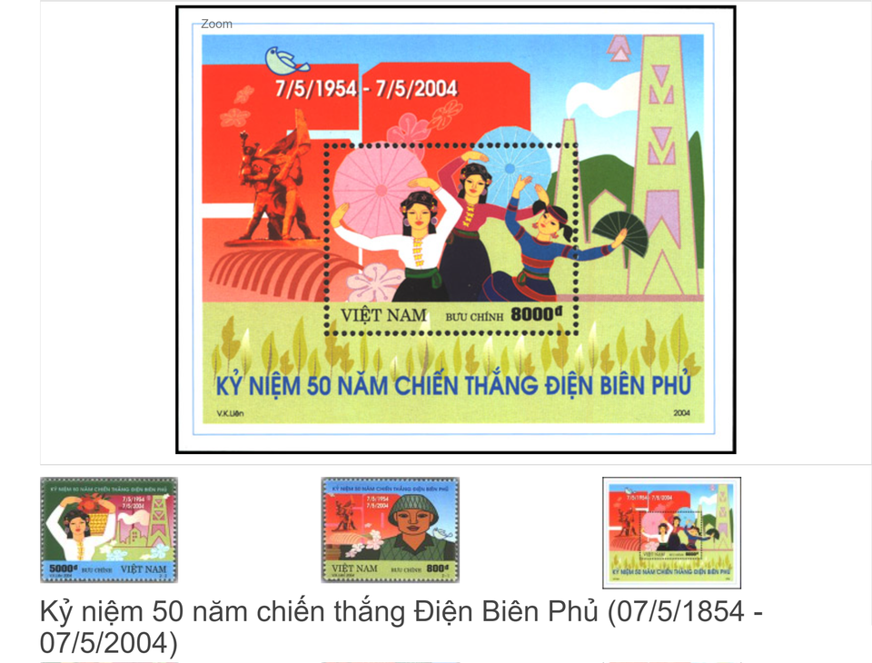 Bộ tem kỷ niệm 50 năm chiến thắng Điện Biên Phủ do nữ họa sỹ Vũ Liên thiết kế, nữ giới xuất hiện chủ yếu trên 3 con tem. Bộ sưu tập của ông Lê Hùng không có bộ tem này. (Ảnh chụp từ VietnamStamp.com.vn).