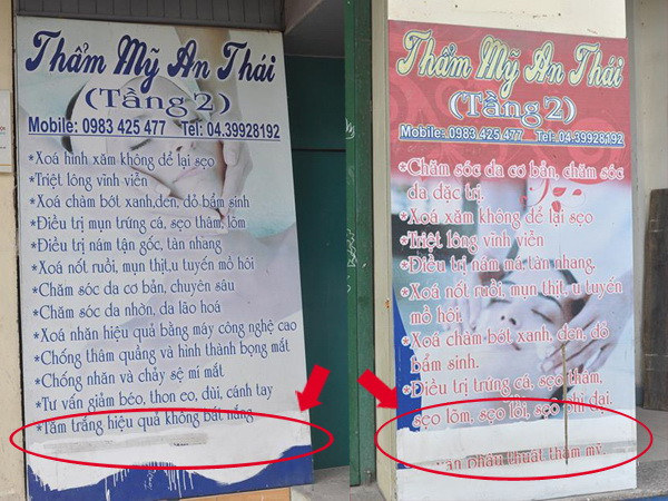 'Kỳ nhông đã đổi màu' trên các tấm biển quảng cáo của thẩm mỹ viện. (Ảnh: Thùy Giang/Vietnam+)