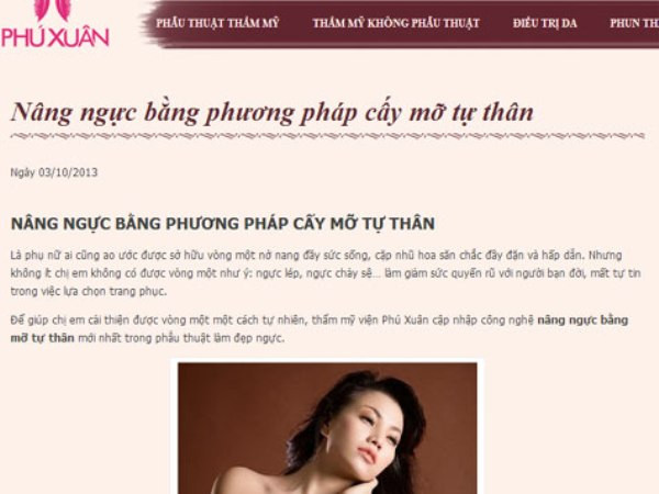 Một bài viết giới thiệu về hút mỡ, nâng ngực cũng đã biến mất trên một trang web chuyên về thẩm mỹ. (Ảnh: PV/Vietnam+)