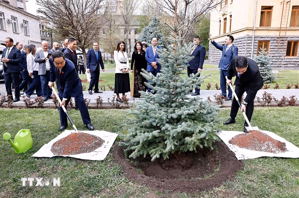 Chủ tịch Quốc hội Trần Thanh Mẫn và Chủ tịch Quốc hội Armenia Alen Simonyan trồng cây lưu niệm biểu tượng cho tình hữu nghị Armenia-Việt Nam. (Ảnh: Doãn Tấn/TTXVN)