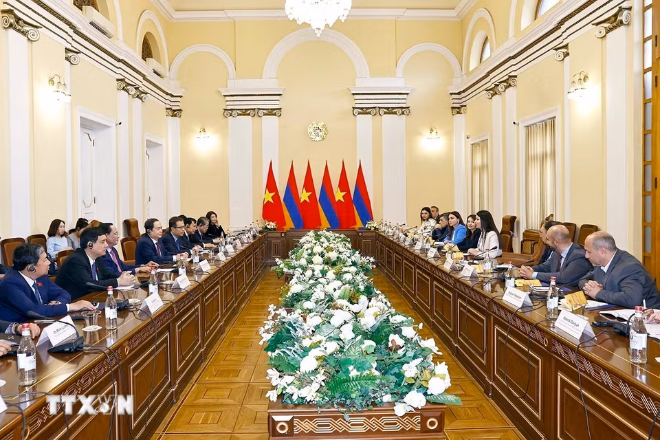 Chủ tịch Quốc hội Trần Thanh Mẫn tiếp Trưởng Nhóm nghị sỹ hữu nghị Armenia - Việt Nam Hasmik Hakobyan. (Ảnh: Doãn Tấn/TTXVN)