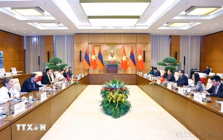 Chủ tịch Quốc hội Trần Thanh Mẫn hội đàm với Chủ tịch Quốc hội Cộng hòa Armenia Alen Simonyan trong chuyến thăm chính thức Việt Nam (19/11/2024). (Ảnh: Doãn Tấn/TTXVN)