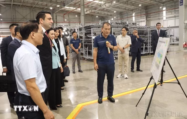 Chủ tịch Quốc hội Armenia Alen Simonyan thăm nhà máy sản xuất và lắp ráp ô tô Hyundai Thành Công ở tỉnh Ninh Bình (18/11/2024). (Ảnh: Hải Yến/TTXVN)