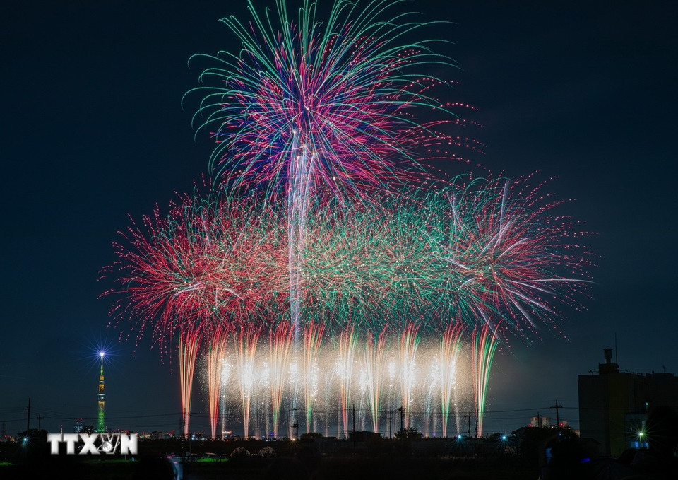 Màn trình diễn pháo hoa rực rỡ bầu trời đêm Tokyo. (Ảnh: Xuân Giao/TTXVN)