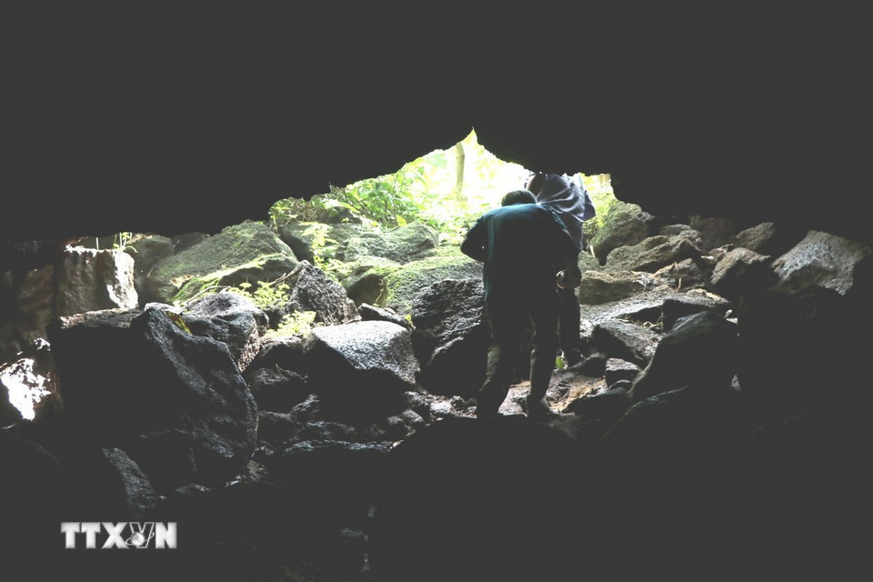 Cửa vào "hang Dơi 1" - hang dung nham dài nhất khu vực Đông Nam Á. (Ảnh: Sỹ Tuyên/TTXVN)