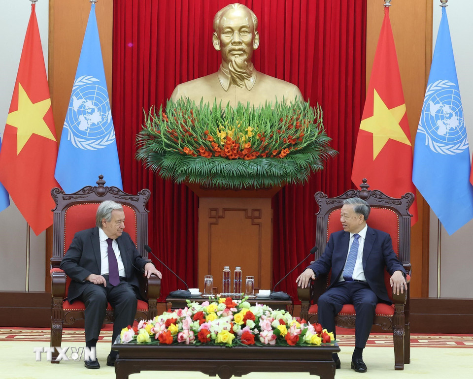 Tổng Bí thư Tô Lâm tiếp Tổng Thư ký Liên hợp quốc António Guterres. (Ảnh: Thống Nhất/TTXVN)