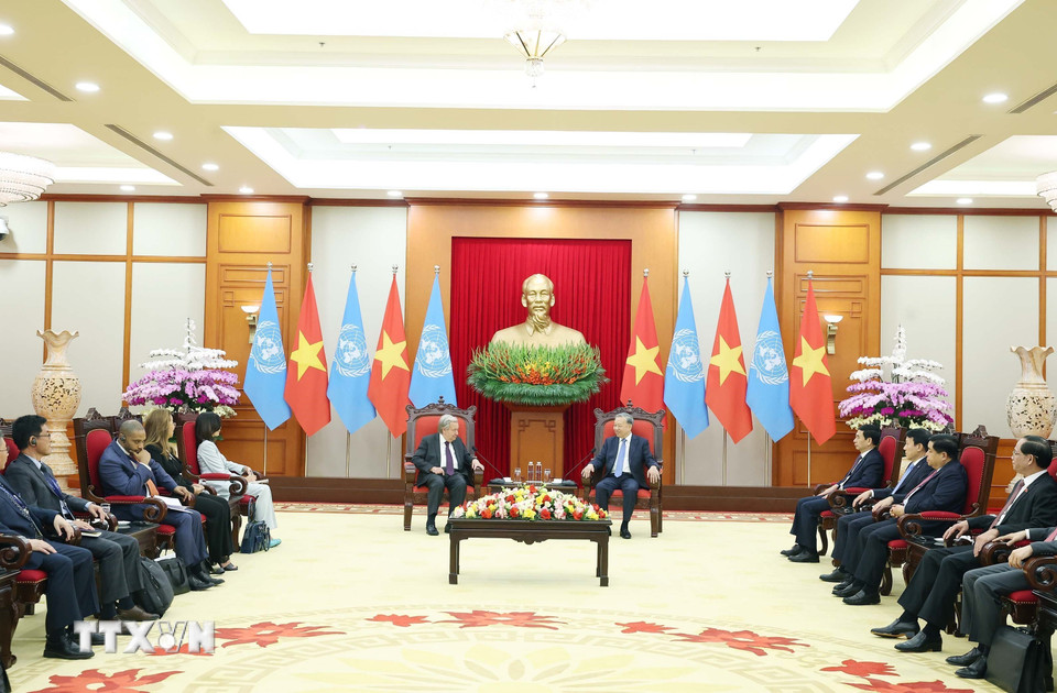 Tổng Bí thư Tô Lâm tiếp Tổng Thư ký Liên hợp quốc António Guterres. (Ảnh: Thống Nhất/TTXVN)