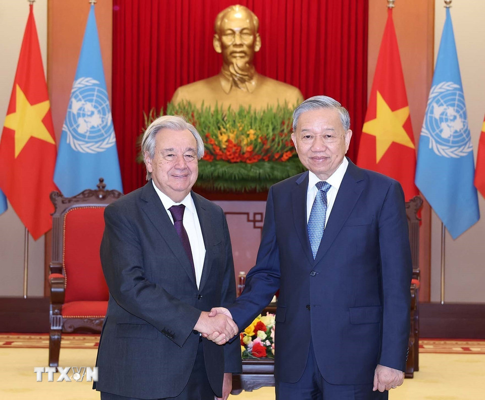 Tổng Bí thư Tô Lâm tiếp Tổng Thư ký Liên hợp quốc António Guterres. (Ảnh: Thống Nhất/TTXVN)