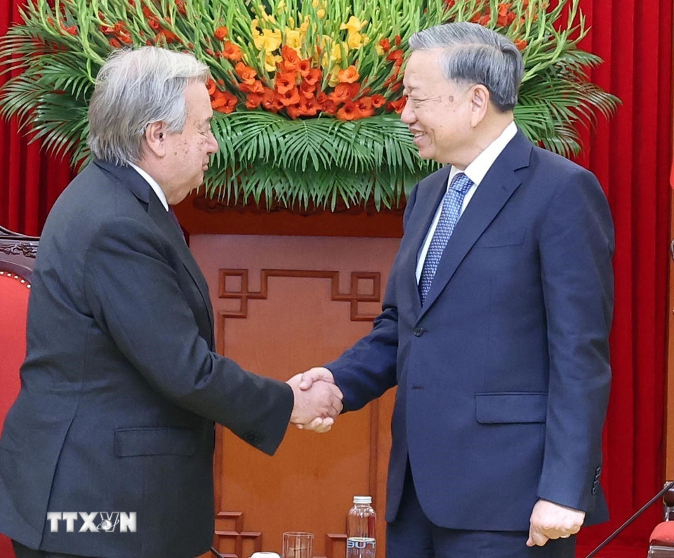 Tổng Bí thư Tô Lâm tiếp Tổng Thư ký Liên hợp quốc António Guterres. (Ảnh: Thống Nhất/TTXVN)