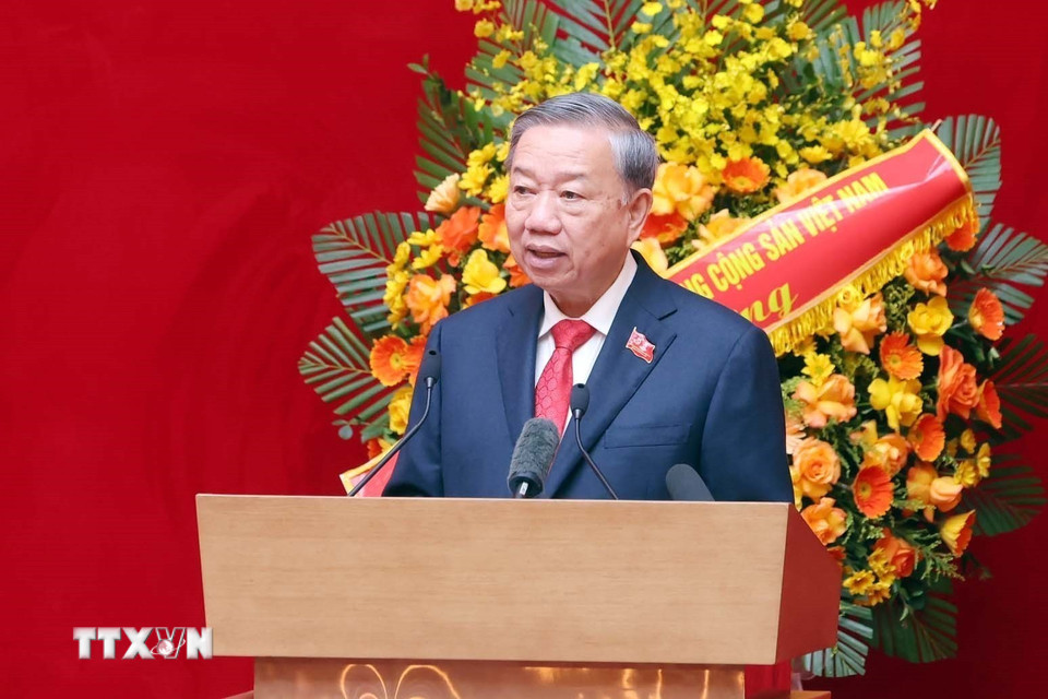 Tổng Bí thư Tô Lâm phát biểu tại Đại hội đại biểu Đảng bộ Công an Trung ương lần thứ VIII, nhiệm kỳ 2025 - 2030. (Ảnh: Thống Nhất/TTXVN)