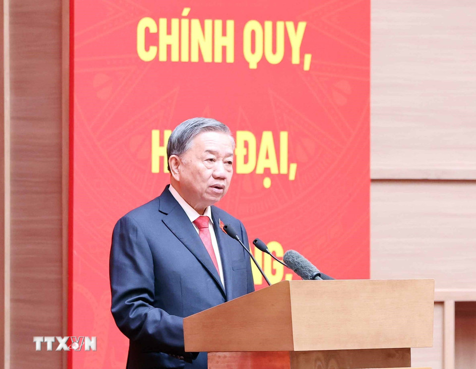 Tổng Bí thư Tô Lâm phát biểu tại Đại hội đại biểu Đảng bộ Công an Trung ương lần thứ VIII, nhiệm kỳ 2025 - 2030. (Ảnh: Thống Nhất/TTXVN)