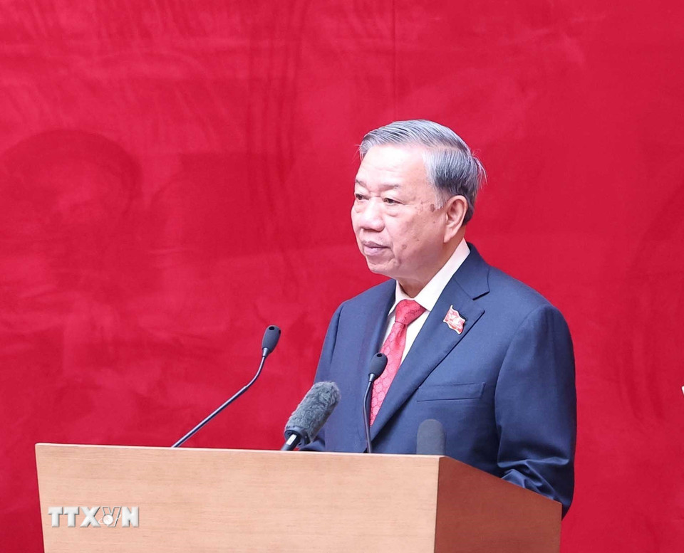 Tổng Bí thư Tô Lâm phát biểu tại Đại hội đại biểu Đảng bộ Công an Trung ương lần thứ VIII, nhiệm kỳ 2025 - 2030. (Ảnh: Thống Nhất/TTXVN)