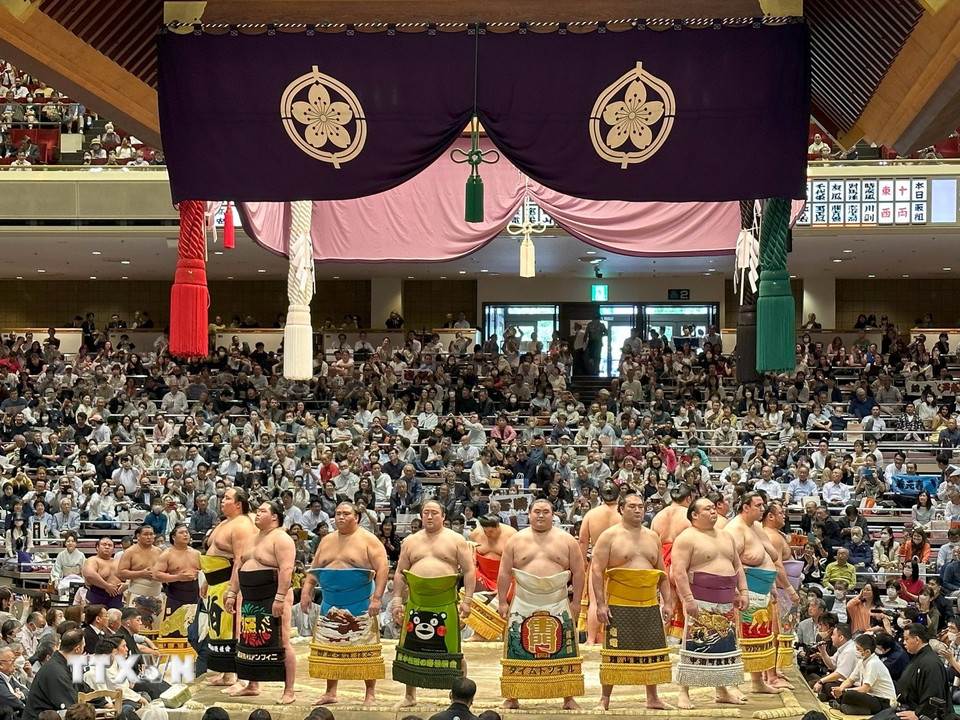 Các võ sỹ Sumo trong chiếc tạp dề Kesho-mawashi truyền thống chào khán giả hâm mộ trong giải đầu mùa Xuân tại thủ đô Tokyo. (Ảnh: Nguyễn Tuyến/TTXVN)