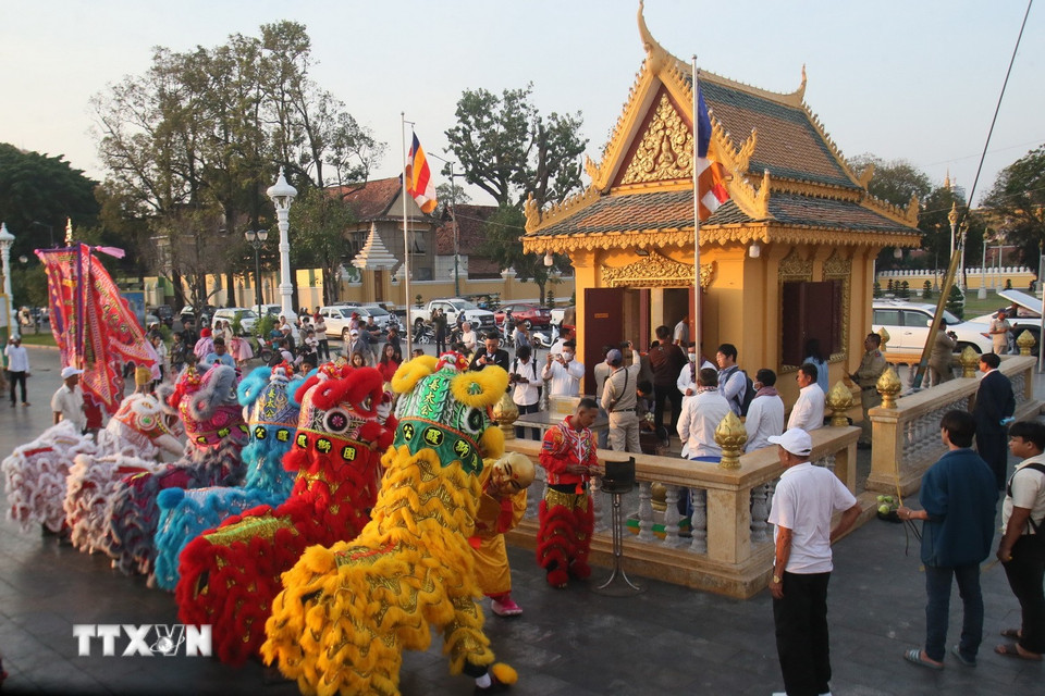 Các nghệ sỹ dân gian biểu diễn múa sư tử để chào đón tết Nguyên đán tại Phnom Penh, Campuchia. (Ảnh: THX/TTXVN)