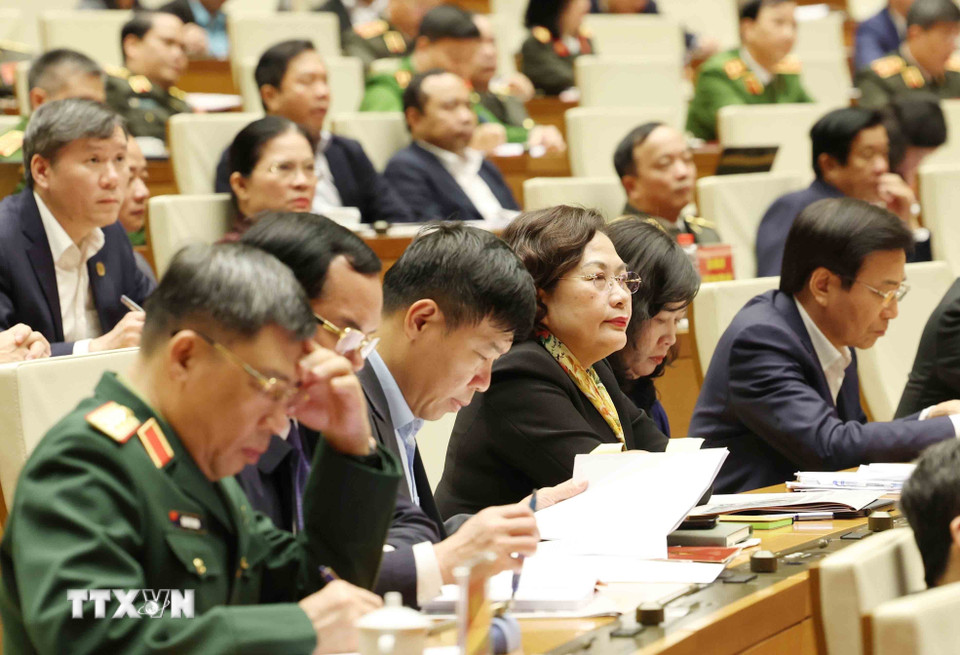 Đại biểu tham dự hội nghị tại điểm cầu chính Hội trường Diên Hồng, Nhà Quốc hội, chiều 7/2. (Ảnh: Phương Hoa/TTXVN)