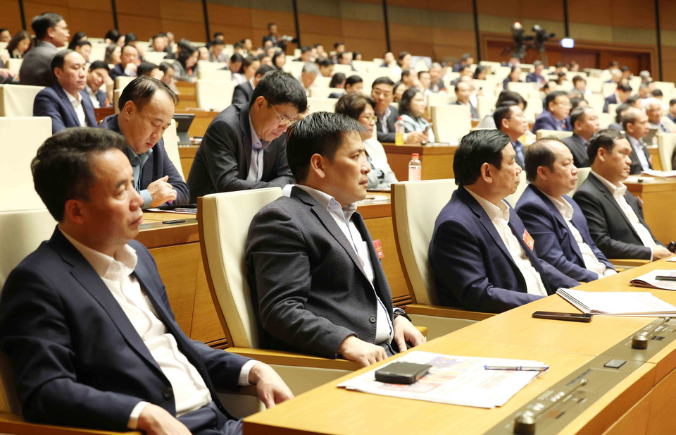 Đại biểu tham dự hội nghị tại điểm cầu chính Hội trường Diên Hồng, Nhà Quốc hội, chiều 7/2. (Ảnh: Phương Hoa/TTXVN)