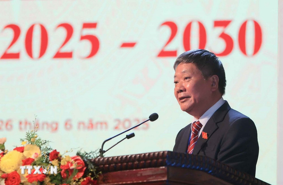 Phó Bí thư chuyên trách Đảng ủy Bộ VH,TT&amp;DL Nguyễn Tuấn Linh nhiệm kỳ 2020-2025 trình bày tham luận tại Đại hội. (Ảnh: Hoàng Hiếu/TTXVN)