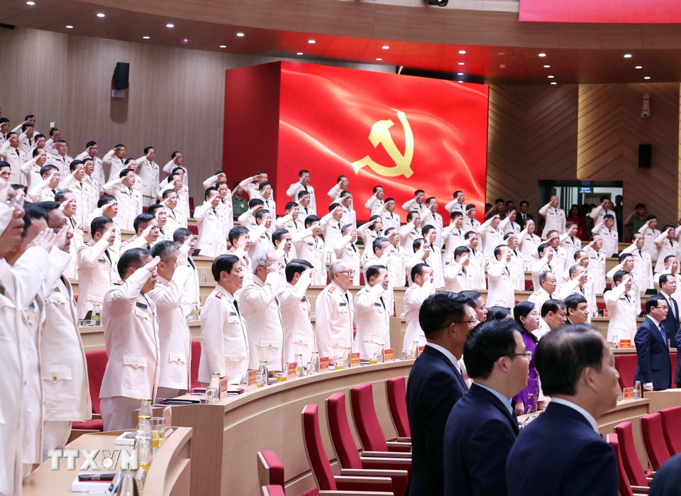 Các đại biểu thực hiện nghi lễ chào cờ. (Ảnh: Thống Nhất/TTXVN)