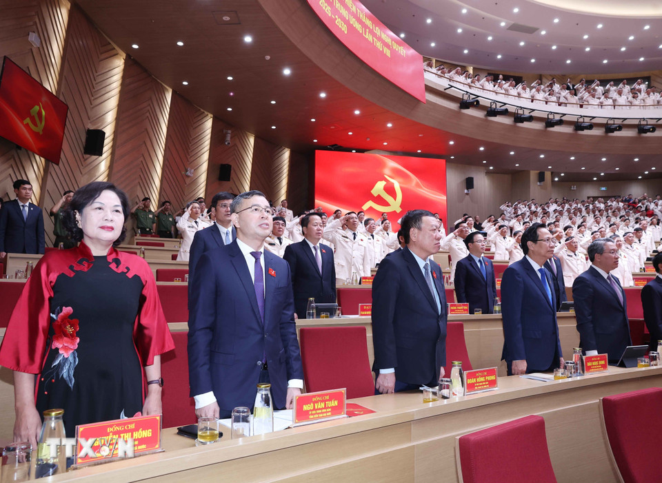 Các đại biểu thực hiện nghi lễ chào cờ. (Ảnh: Thống Nhất/TTXVN)