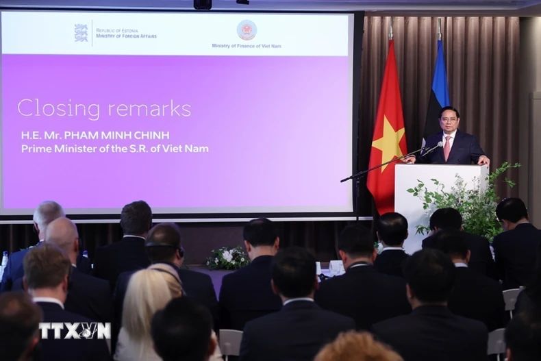 Thủ tướng Phạm Minh Chính phát biểu tại Diễn đàn doanh nghiệp Việt Nam-Estonia. (Ảnh: Dương Giang/TTXVN)