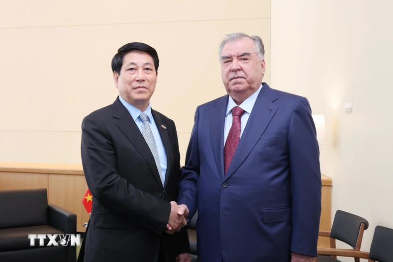 Chủ tịch nước Lương Cường gặp Tổng thống Tajikistan Emomali Rahmon. (Ảnh: Lâm Khánh/TTXVN)