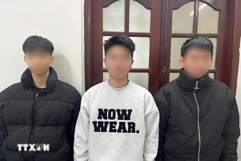 Các đối tượng tại Cơ quan Cảnh sát điều tra Công an tỉnh Tuyên Quang. (Ảnh: TTXVN phát)