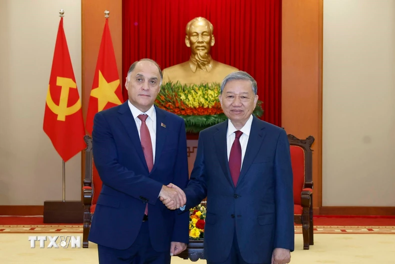 Tổng Bí thư Tô Lâm tiếp Thư ký Hội đồng An ninh quốc gia Belarus Volfovich Aleksandr Grigorievich. (Ảnh: Thống Nhất/TTXVN)