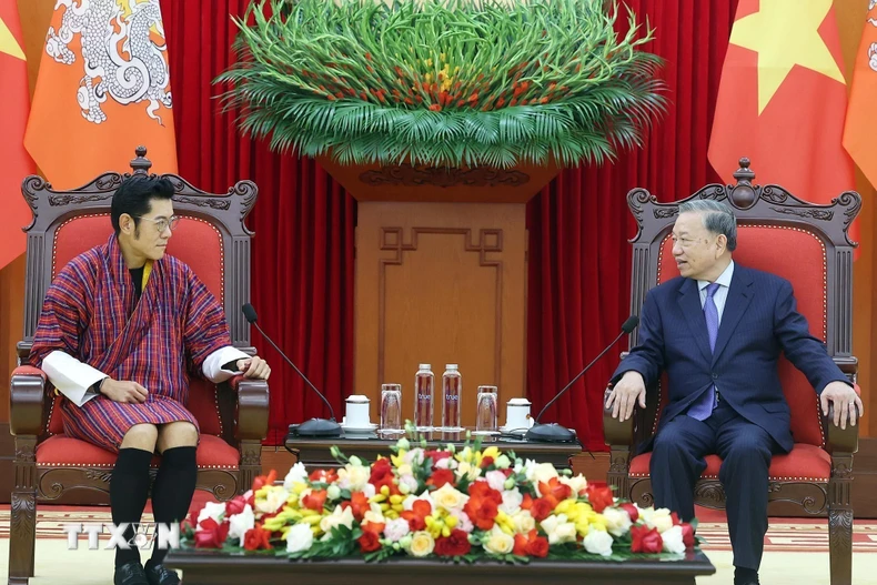 Tổng Bí thư Tô Lâm tiếp Quốc vương Bhutan Jigme Khesar Namgyel Wangchuck. (Ảnh: Thống Nhất/TTXVN)