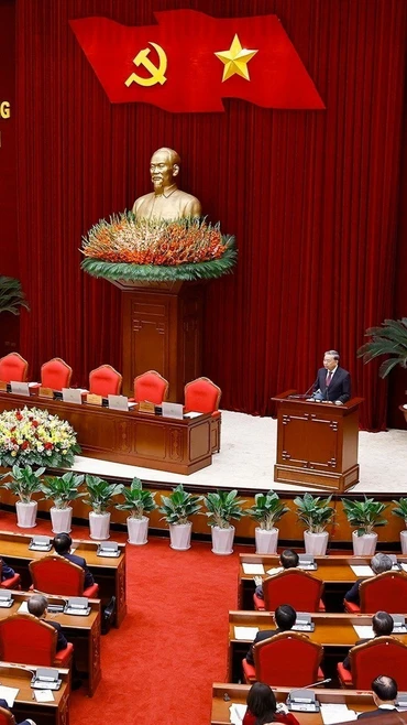 Quang cảnh phiên bế mạc Hội nghị Ban Chấp hành Trung ương Đảng khóa XIII. (Ảnh: Doãn Tấn/TTXVN)