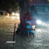 Người dân chật vật di chuyển qua các điểm ngập úng. (Ảnh: Hoài Nam/Vietnam+)