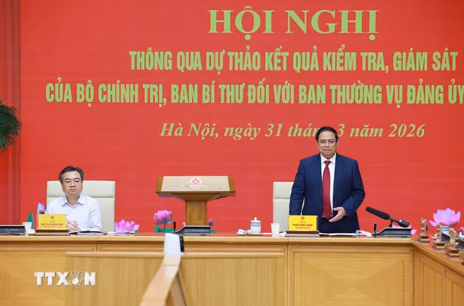 Bí thư Đảng ủy, Thủ tướng Chính phủ Phạm Minh Chính phát biểu. (Ảnh: Dương Giang/TTXVN) ttxvn-thong-qua-du-thao-ket-qua-kiem-tra-giam-sat-cua-bo-chinh-tri-ban-bi-thu-doi-voi-ban-thuong-vu-dang-uy-chinh-phu-31-4.jpg