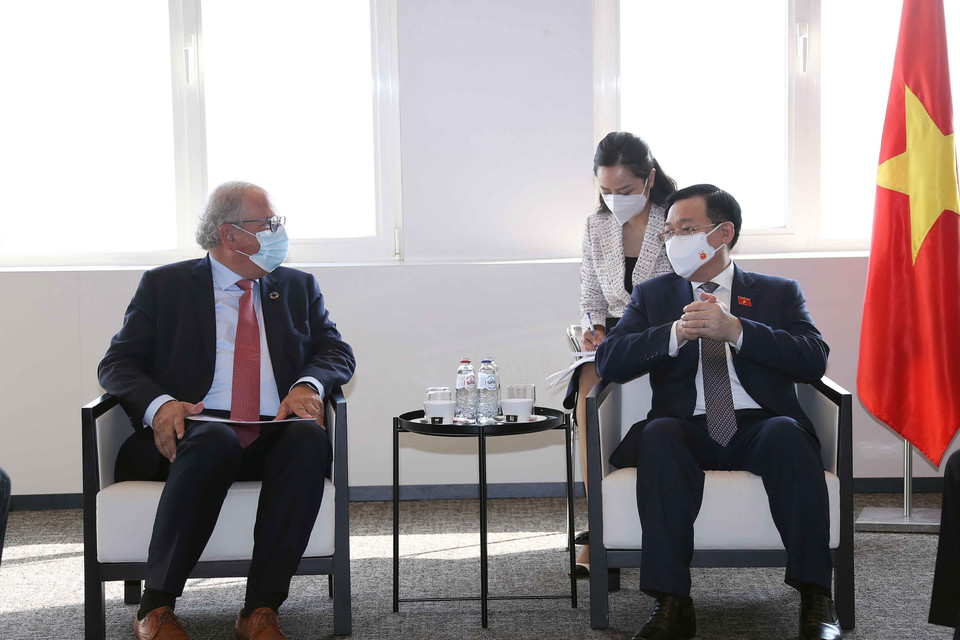 Chủ tịch Quốc hội Vương Đình Huệ tiếp lãnh đạo Tập đoàn Deme. (Ảnh: Doãn Tấn/TTXVN)